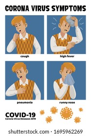 set cartoon man with corona virus symptoms