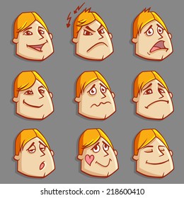 Set of Cartoon Man Face Emotions Vector Icons - Happy, Angry, Scared, Foxy, Upset, Sad, Sleepy, In Love, Good