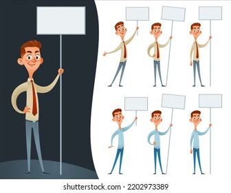 Set of cartoon man holding blank placard or banner for information, advertising or marketing.  Vector illustration. Isolated on white.