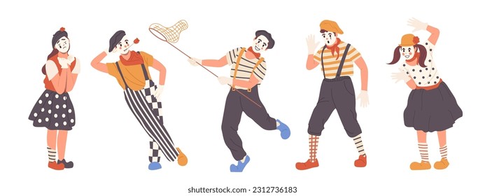 Set of cartoon man and woman mimes or clowns people character in costume and hat with face mask