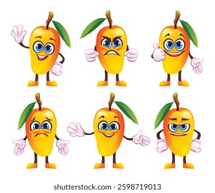 Set of cartoon mango characters with different emotions, showing gestures and facial expressions. Vector illustration