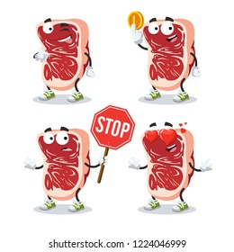 set of cartoon marbled beef steak character mascot on white background
