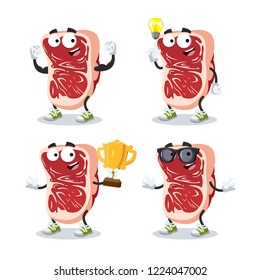 set of cartoon marbled beef steak character mascot on white background