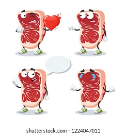 set of cartoon marbled beef steak character mascot on white background