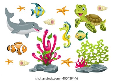 Set of cartoon marine animals