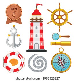 Set of cartoon marine elements in a flat style isolated on a white background. Lighthouse, compass, rope, rudder, telescope, bell, wooden  rum barrel, palm tree, magnifying glass, sea shell
