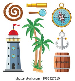 Set of cartoon marine elements in a flat style, isolated on a white background. Lighthouse, compass, rope, rudder, telescope, wooden powder keg, palm tree, magnifying glass