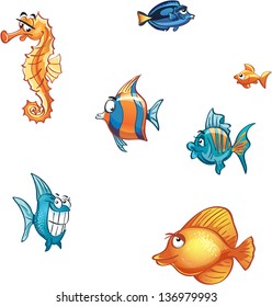 Set of cartoon marine fish and skate.