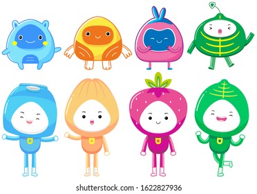 Set of cartoon mascot character on white background.