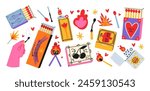 Set cartoon matches. Burning fire, matchboxes, match burns, flame, spark. Vector set of elements stickers