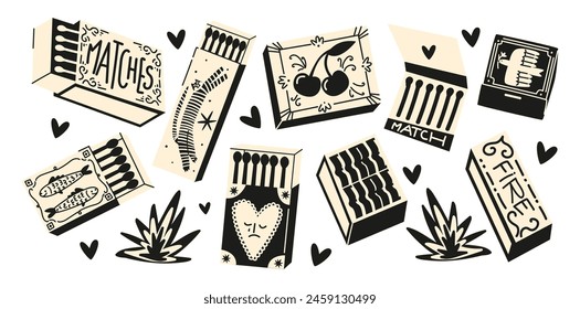 Set cartoon matches. Burning fire, matchboxes, match burns, flame, spark. Vector set of elements stickers