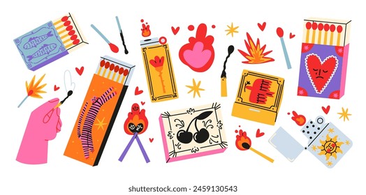 Set cartoon matches. Burning fire, matchboxes, match burns, flame, spark. Vector set of elements stickers