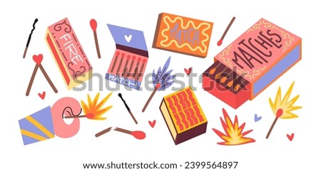 Set cartoon matches. Burning fire, matchboxes, match burns, flame, spark. Vector set of elements stickers