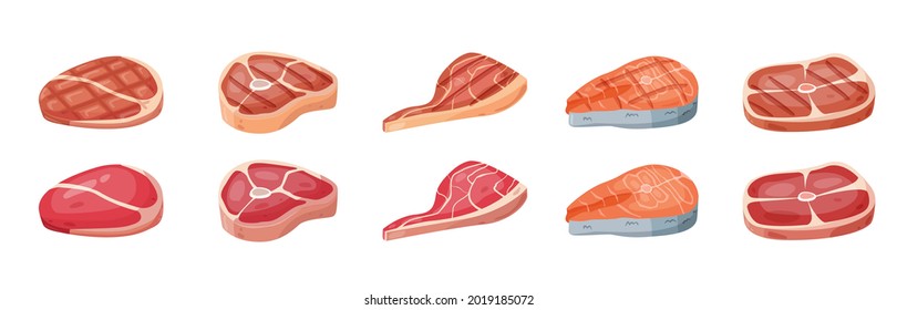 Conjunto de productos cárnicos de dibujos animados: filete de ternera, carne cruda y pescado. Carne a la parrilla, carnes de ternera, solomillo y pescado. Conjunto de ilustraciones vectoriales. Pescado y carne de vacuno para barbacoa, caricatura de carnes de cerdo