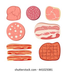 Set of cartoon meat products with ham, salami, bacon, sausage and other meat slices, illustration.