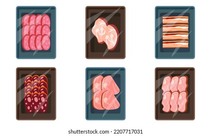 Set of cartoon meat trays. Frozen food in transparent plastic packaging. Collection of fresh meat deli container icon for supermarket. Food box isolated on white background vector illustration