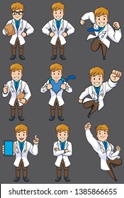 Set with cartoon medical doctor in different poses.