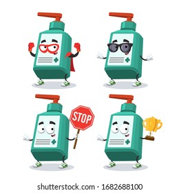 set of cartoon medical hand antiseptic bottle character mascot on white background