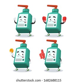 set of cartoon medical hand antiseptic bottle character mascot on white background