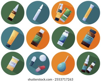 A set of cartoon medical icons in a design with long shadows, round shape. Vector illustration
