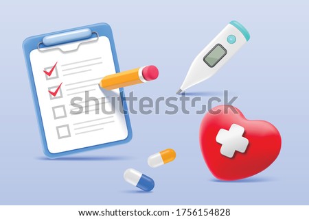 Set of cartoon medical itmes isolated on light purple background, 3D illustration