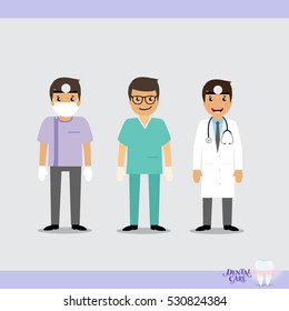 Set of Cartoon Medical Team (dentist, doctors and medical staff people). Vector illustration.