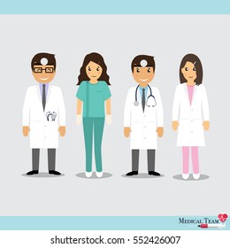 Set of Cartoon Medical Team (dentist, doctors and medical staff people). Vector illustration.