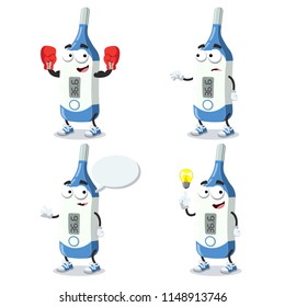 set of cartoon medical thermometer mascot on white background