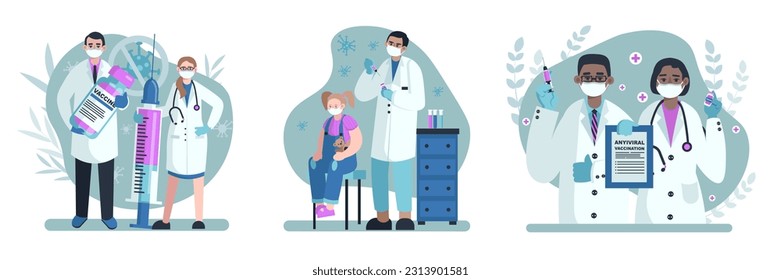 Set of cartoon medical workers urge people to give vaccinations. Child sitting in ward, doctor preparing to give injection with antiviral agent. Flat vector illustration in blue colors