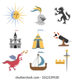 Set of cartoon medieval attributes on white background. Vector illustration.