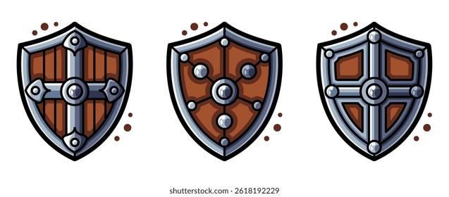 Set aus mittelalterlichen Karikaturschilden, Holz- und Metallmaterialien, handgezeichnet, bunt, dicken Umrissen, perfekt für Spielobjekte, Aufkleber oder Fantasy-Designelemente.
