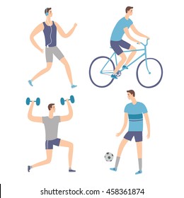 Set of cartoon men doing sport exercises. Including cycling, fitness with weights, football, running. Healthy lifestyle illustration for your design.