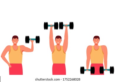 
Set of cartoon men who are engaged with dumbbells. Home fitness with equipment on a white background. Flat vector illustration of bodybuilding, workout.