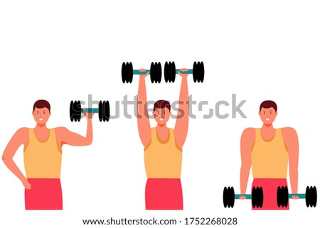 
Set of cartoon men who are engaged with dumbbells. Home fitness with equipment on a white background. Flat vector illustration of bodybuilding, workout.