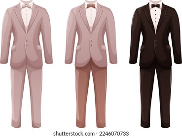 Set of cartoon men's suits, white, gray-brown and black groom's wedding suit