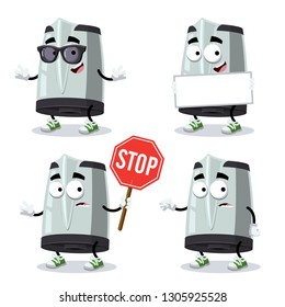 set of cartoon metal electric kettle character mascot on white background