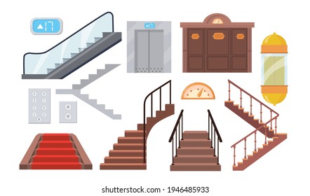 Set von Cartoon-Metall-und Holz-Treppen, Aufzüge, Rolltreppen. Flache Vektorgrafik. Einzige Treppen, Aufzüge auf weißem Hintergrund. Haus, moderne Technologie, Komfort-Konzept für Apps, Design