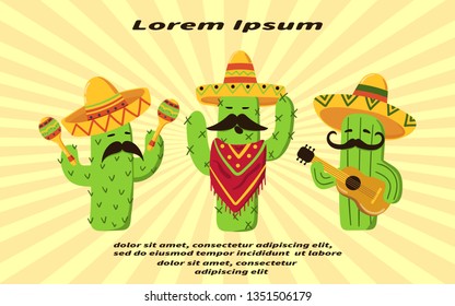 Set of cartoon mexican cactus. Card design. Vector illustration.