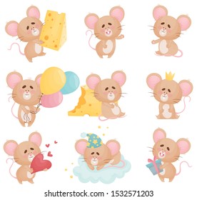 Set of cartoon mice in different situations. Vector illustration.