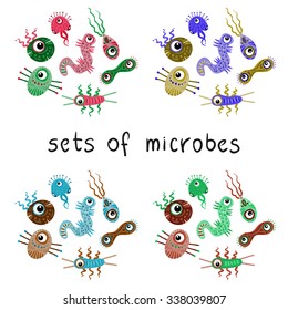 Set cartoon microbes - vector microscopic cheerful collection. Isolated unicellular objects.
