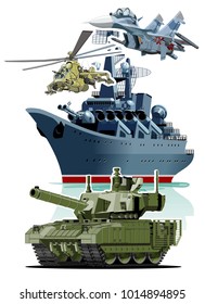 Set of cartoon military equipment for 23 February schedule for decoration flyers or greeting cards. Translation: February 23 Defender of the Fatherland Day.