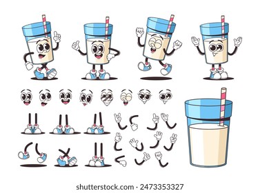 Set Of Cartoon Milk Glass Characters Construction Kit With Facial Expressions And Poses. Includes Customizable Elements