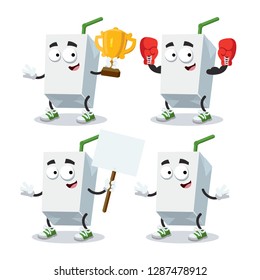 set of cartoon milk or juice carton blank pack with a straw character mascot on white background