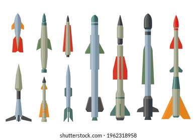 Conjunto de misiles de dibujos animados y cohetes de ilustración vectorial plana. Armamento balístico, atómico, aéreo, aislado en fondo blanco. Ataque, guerra, arma explosiva, concepto de diseño de pancartas