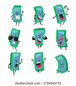 Set Cartoon Mobile Phone Characters. Cute Smartphone in Different Poses. Chat Bot, Funny Cellphone Mascot Greeting, Wear Sunglasses, Yelling. Seo Technology, Love Dating Online. Vector Illustration