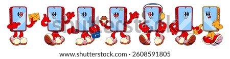 Set of cartoon mobile phone characters with arms, legs and eyes - standing and walking, waving and listening music, holding envelope and coffee cup. Cute mascot gadgets showing emotions and gestures.