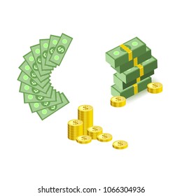 Set of cartoon money currency elements with packs and fan of green dollar paper banknotes and gold coins in pile isolated on white background - finance or banking concept. Vector illustration.