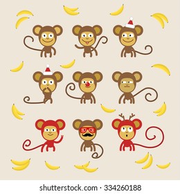 Set of cartoon monkeys. 2016 New Year Symbol. Flat design, vector illustration.