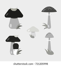Set of cartoon monochrome drawings of forest mushrooms.Vector illustration can be used for the design of textiles, postcards, poster, dishes.