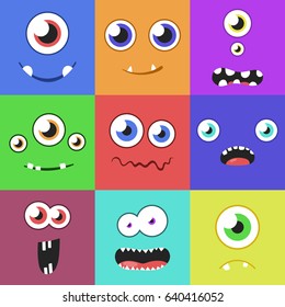 Set of cartoon monster faces with different expressions of emotions. Bright emotional avatar collection. Kid theme. Vector illustration for any design.